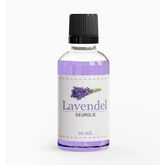 Lavendel geurolie -lavendel in heldere glazen fles met zwarte dop voor ontspanning